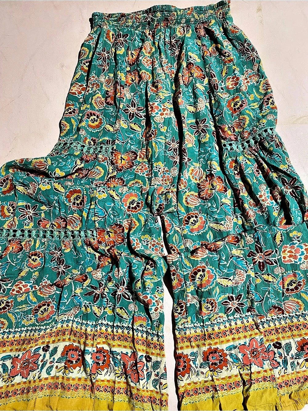 ANGIE Floral Wide Leg Pants with Lace Inserts